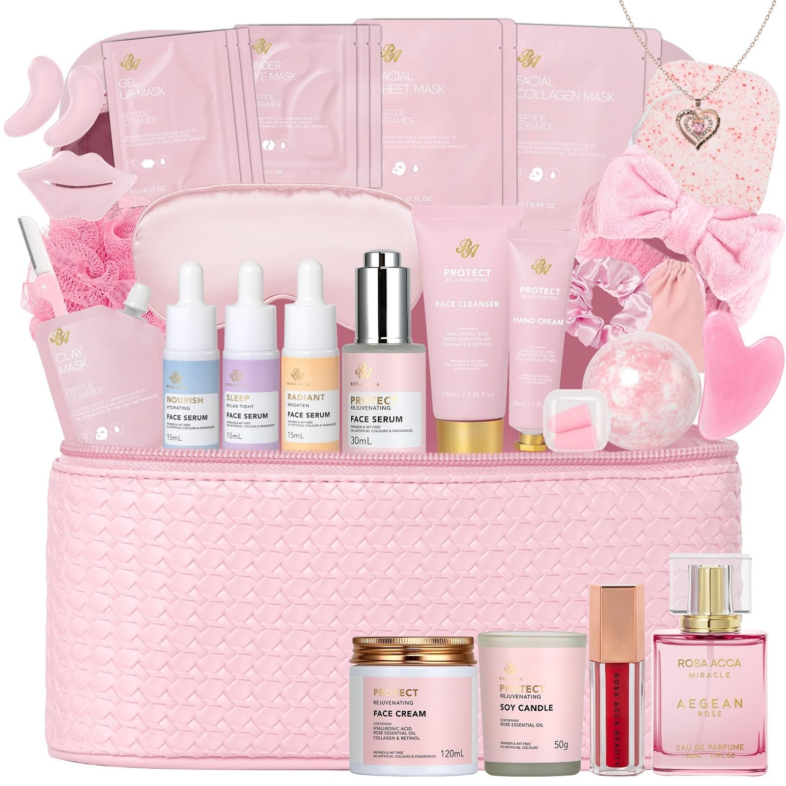 33 Pcs Mother's Day Gift for Mom, Rose Facial Skin Care Set, Bath & Body Pink