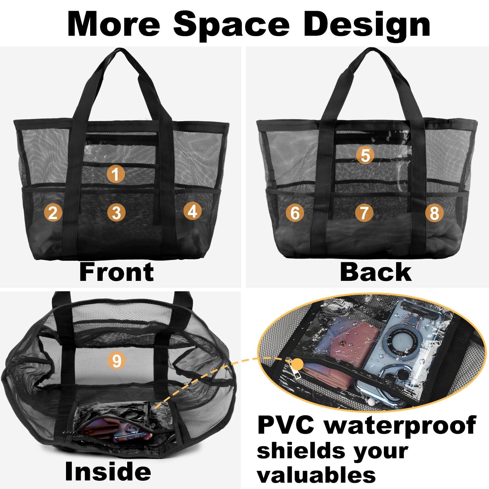 CaCTOUR Mesh Beach Bag,Large Bags for Women with 8 Large, Black