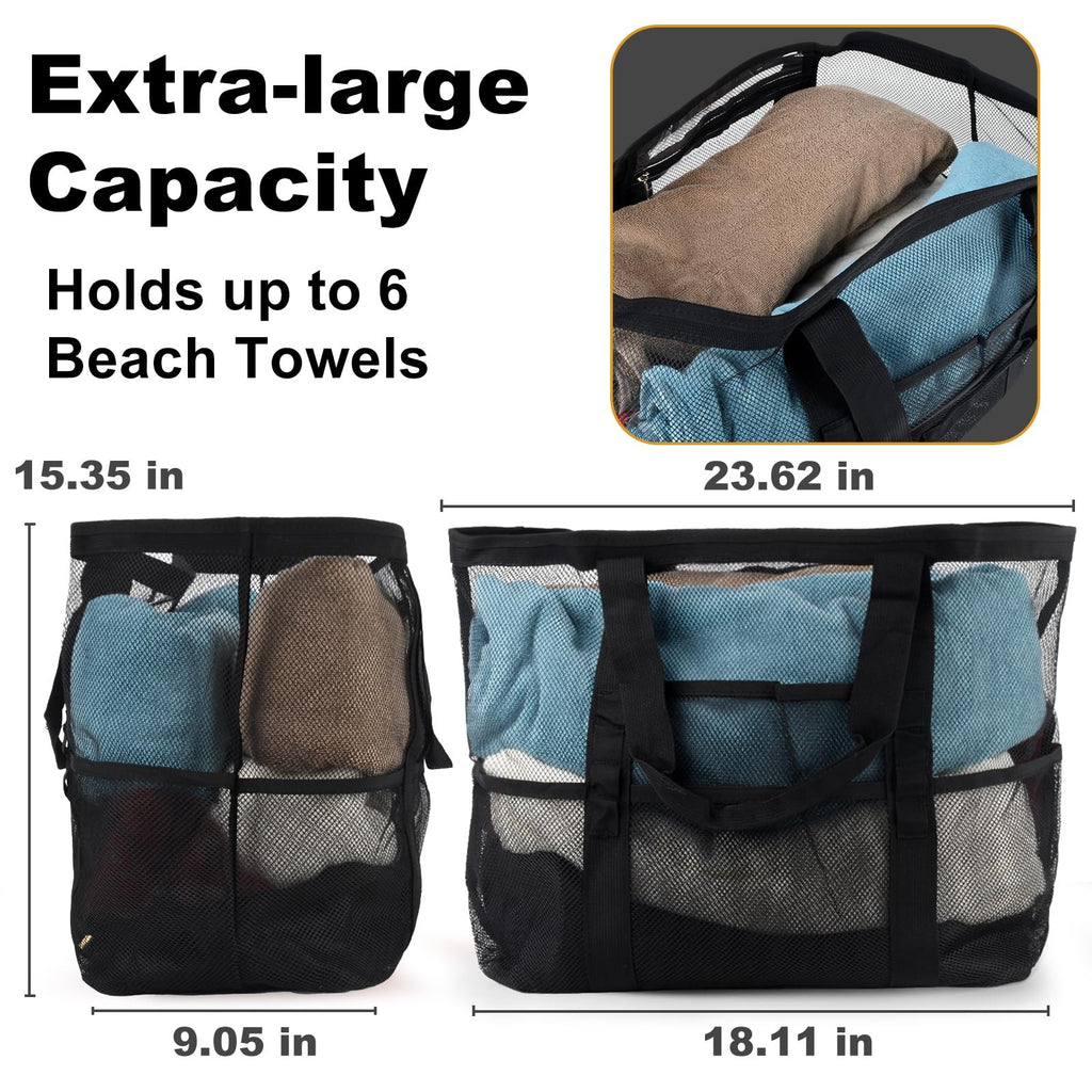 CaCTOUR Mesh Beach Bag,Large Bags for Women with 8 Large, Black