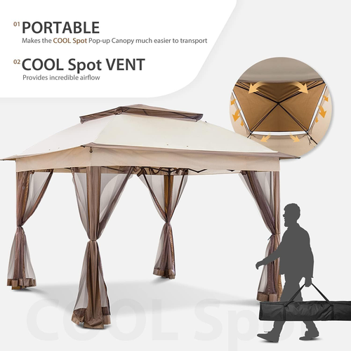 COOS BAY 11x11 Pop Up Gazebo with Mesh Netting, Instant Outdoor Canopy Beige