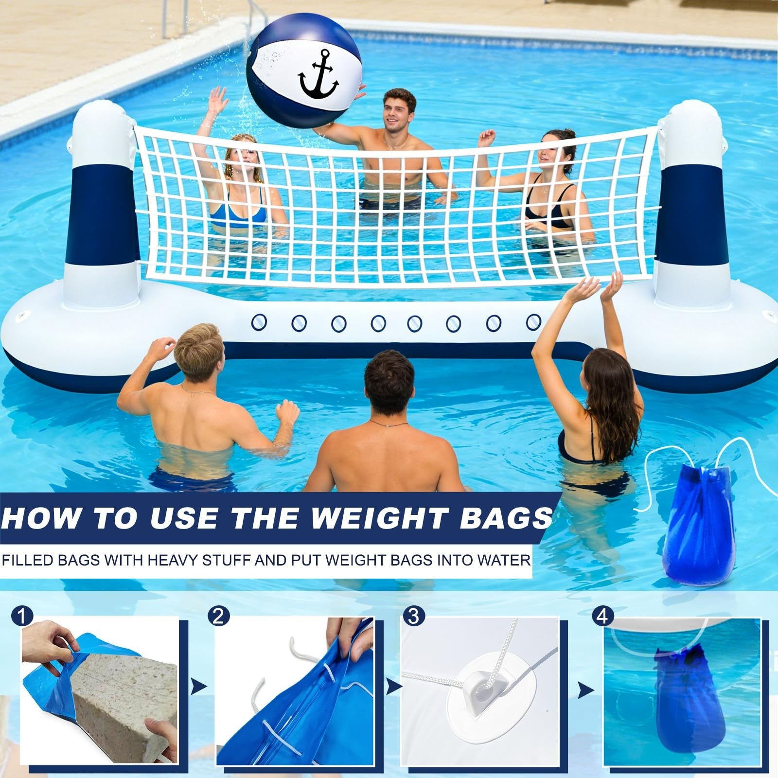 TURNMEON Inflatable Pool Toys Games Set Volleyball 105"×28"×35", Blue
