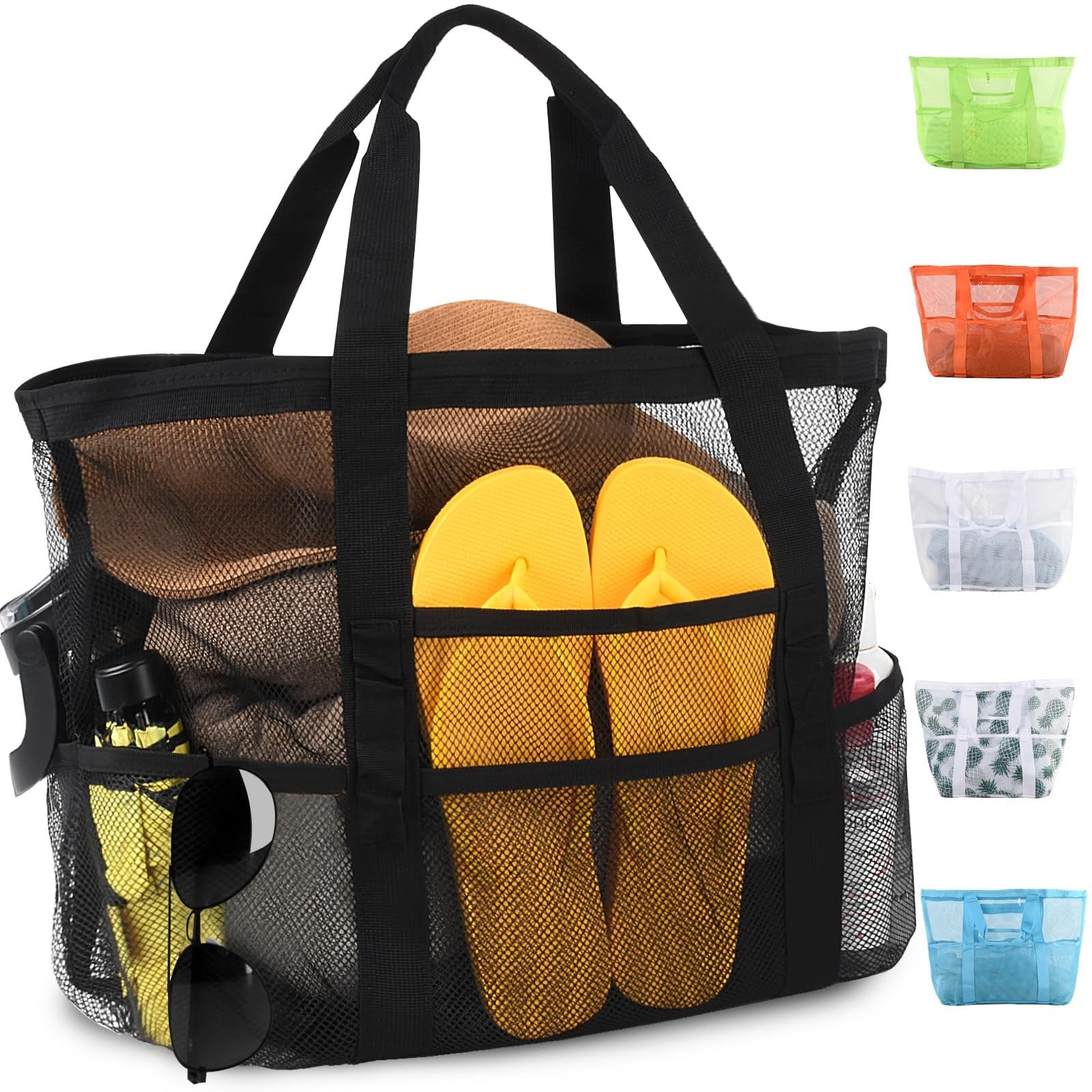 CaCTOUR Mesh Beach Bag,Large Bags for Women with 8 Large, Black