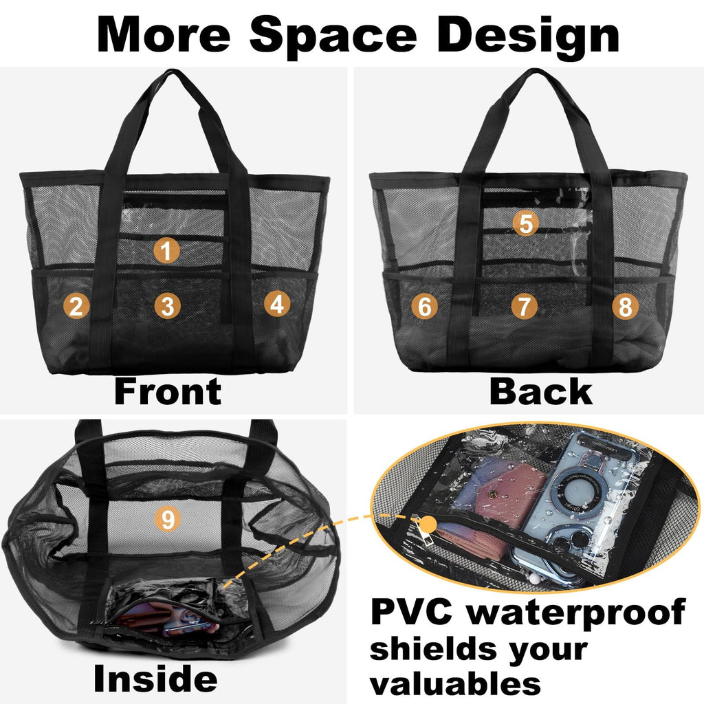 “Large Mesh Beach Bag with 8 Pockets – Waterproof Tote for Women – Black”
