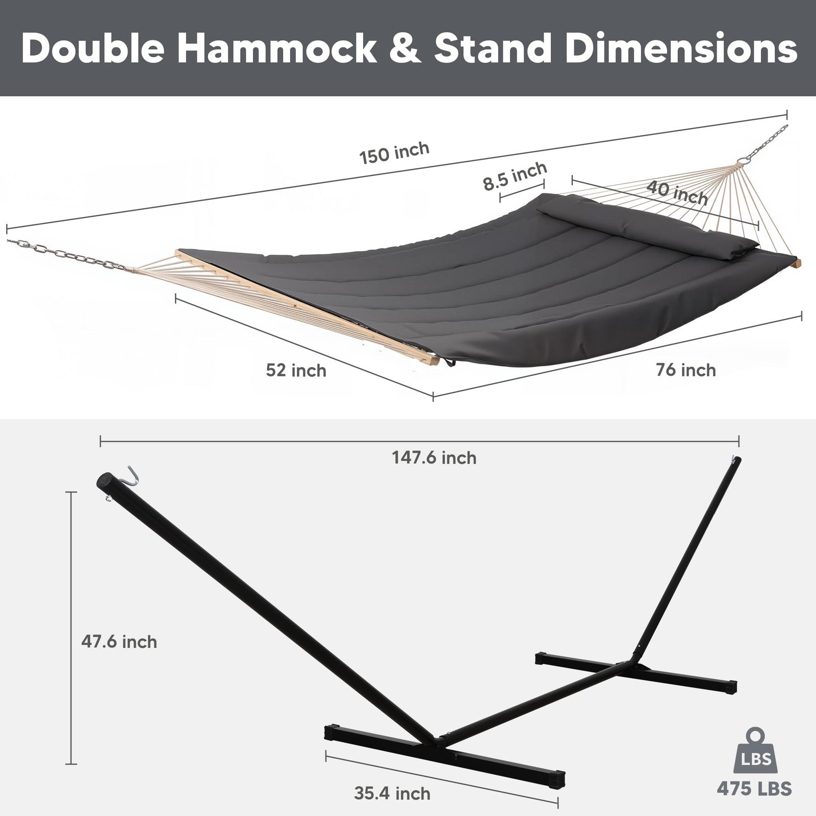 SUNCREAT Double Outdoor Hammock with 78.7" long x 55.1" wide, Dark Gray