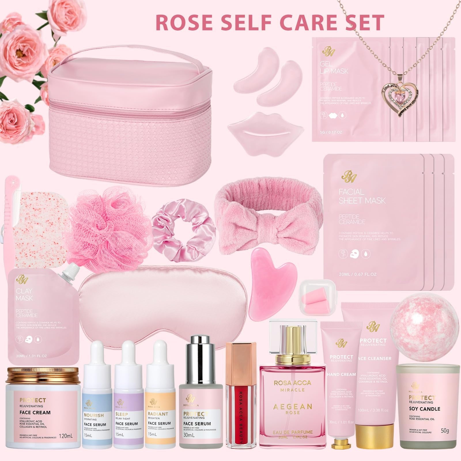 33 Pcs Mother's Day Gift for Mom, Rose Facial Skin Care Set, Bath & Body Pink