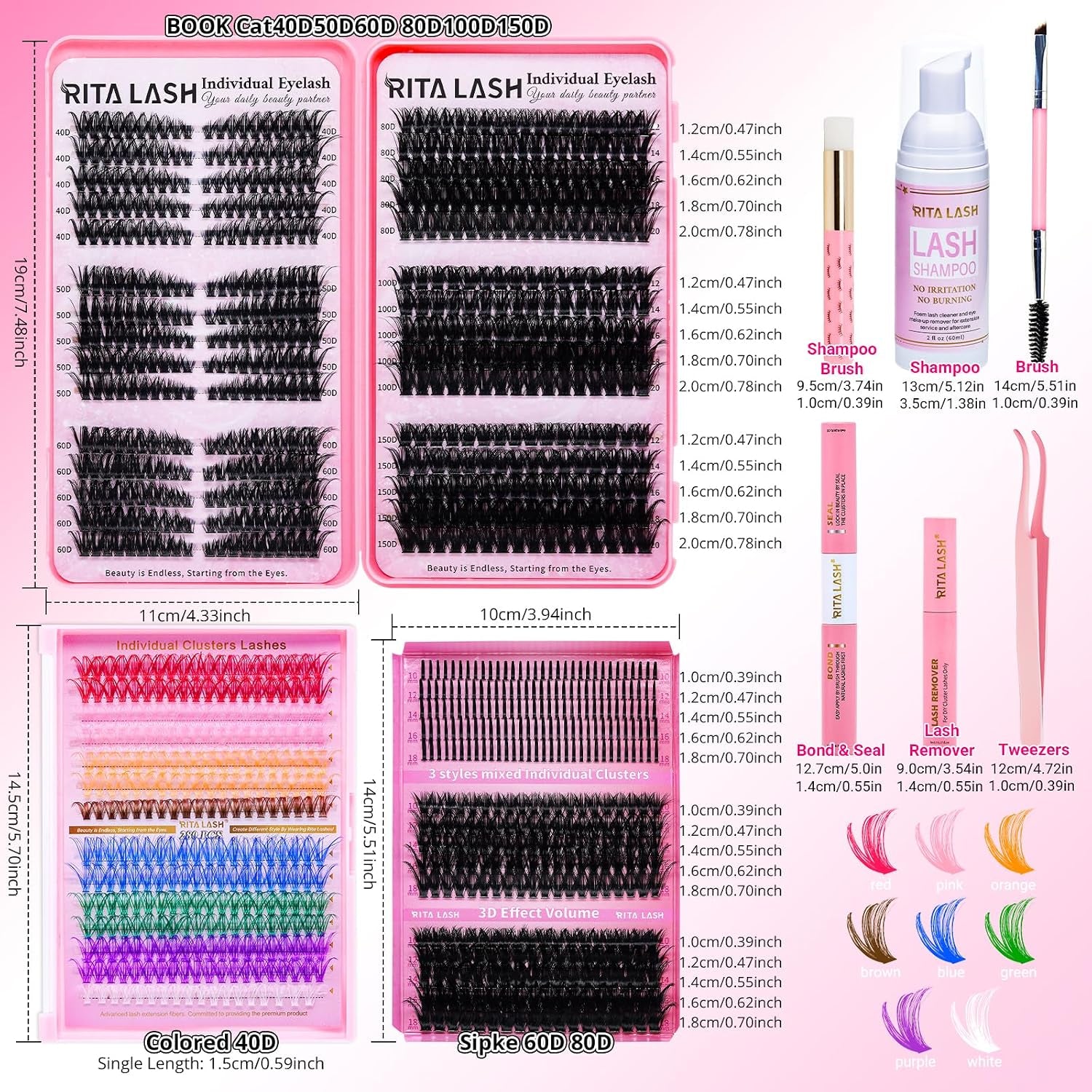 Lash Clusters Kit Bulk 3D Effect Eyelash Clusters Kit Cat Eye Lashes Cluster Eyelash Extensions Pack Colored Lashes Cluster Pestañas Postizas Naturales+Bond&Seal,Remover,Tweezers,Cleanser(Lash Kit-7)