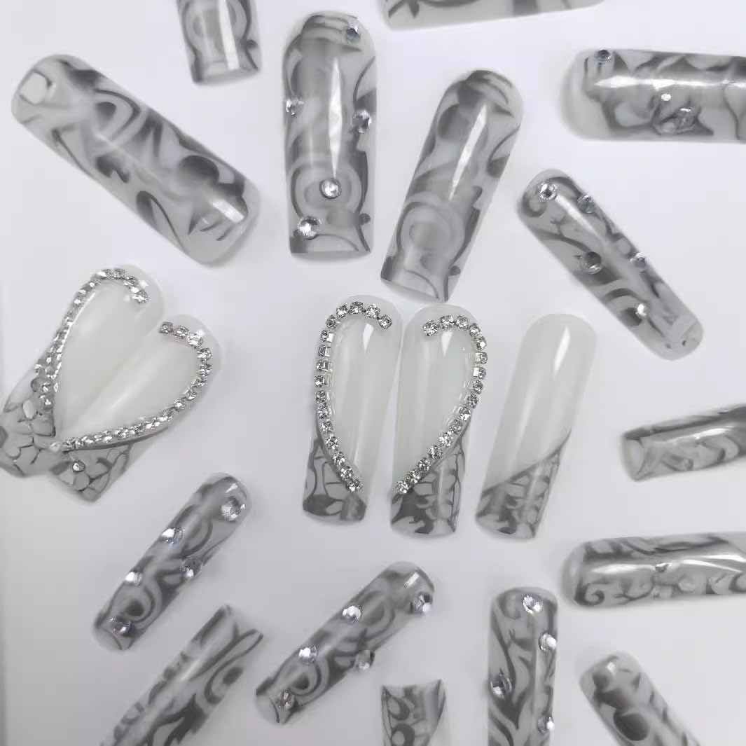 Glam Up Your Look with Our Elegant Silver French Tip Press-On Nails Featuring Heart Design - 24 Pcs of Stunning Rhinestone Full Cover False Nails for Women