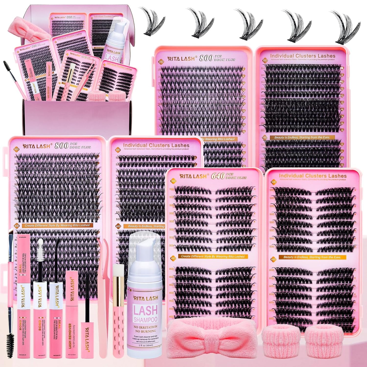 Lash Clusters Kit Eyelash Clusters Kit 3D Effect Cluster Eyelash Extensions Large Pack Spike Lash Extension Pestañas Postizas Naturales+Lash Bond&Seal,Remover,Tweezers,Headband,Wristband(Lash Kit-6)