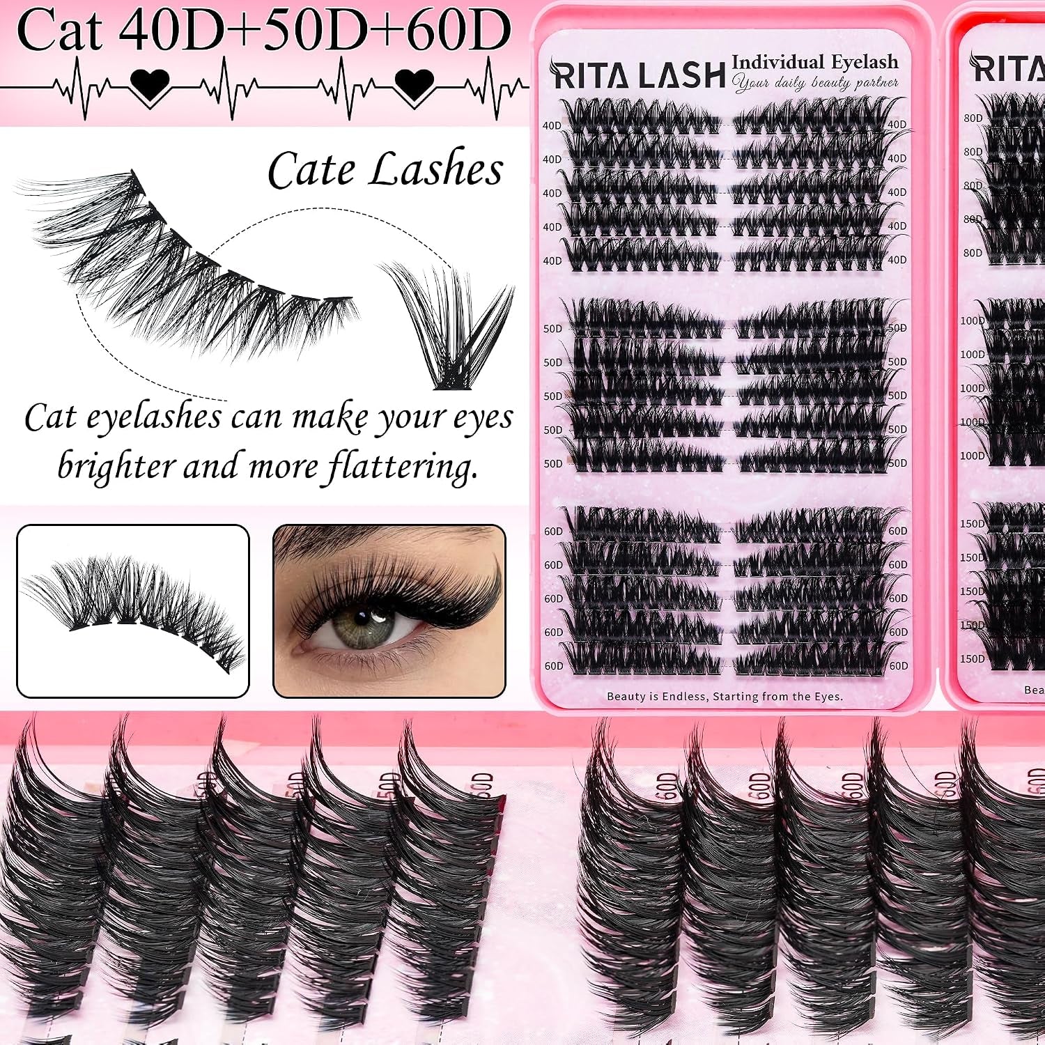 Lash Clusters Kit Bulk 3D Effect Eyelash Clusters Kit Cat Eye Lashes Cluster Eyelash Extensions Pack Colored Lashes Cluster Pestañas Postizas Naturales+Bond&Seal,Remover,Tweezers,Cleanser(Lash Kit-7)