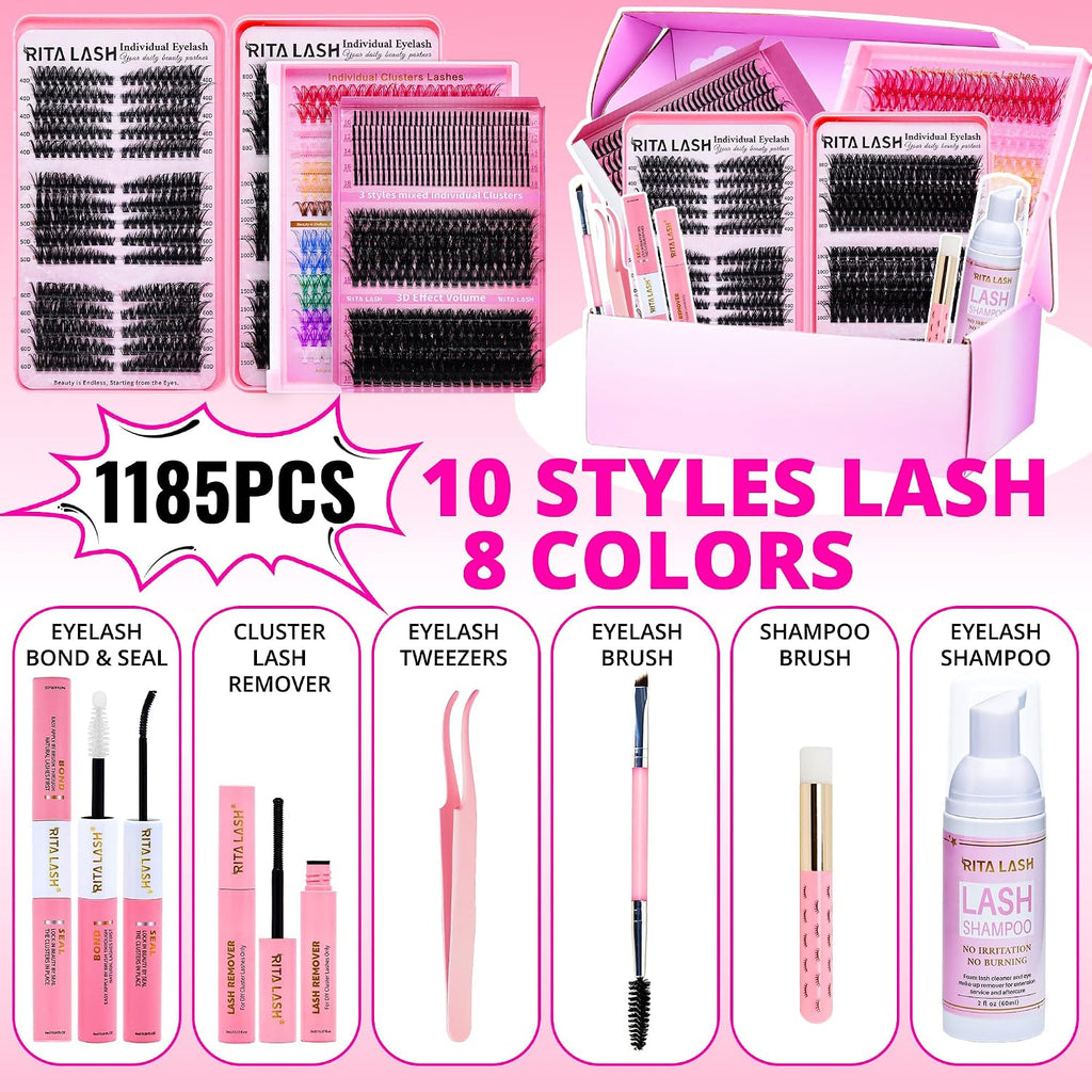 Lash Clusters Kit Bulk 3D Effect Eyelash Clusters Kit Cat Eye Lashes Cluster Eyelash Extensions Pack Colored Lashes Cluster Pestañas Postizas Naturales+Bond&Seal,Remover,Tweezers,Cleanser(Lash Kit-7)