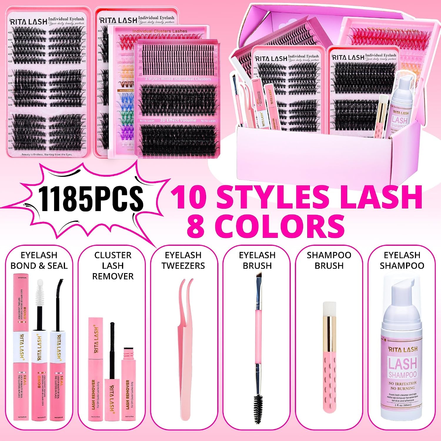 Lash Clusters Kit Bulk 3D Effect Eyelash Clusters Kit Cat Eye Lashes Cluster Eyelash Extensions Pack Colored Lashes Cluster Pestañas Postizas Naturales+Bond&Seal,Remover,Tweezers,Cleanser(Lash Kit-7)