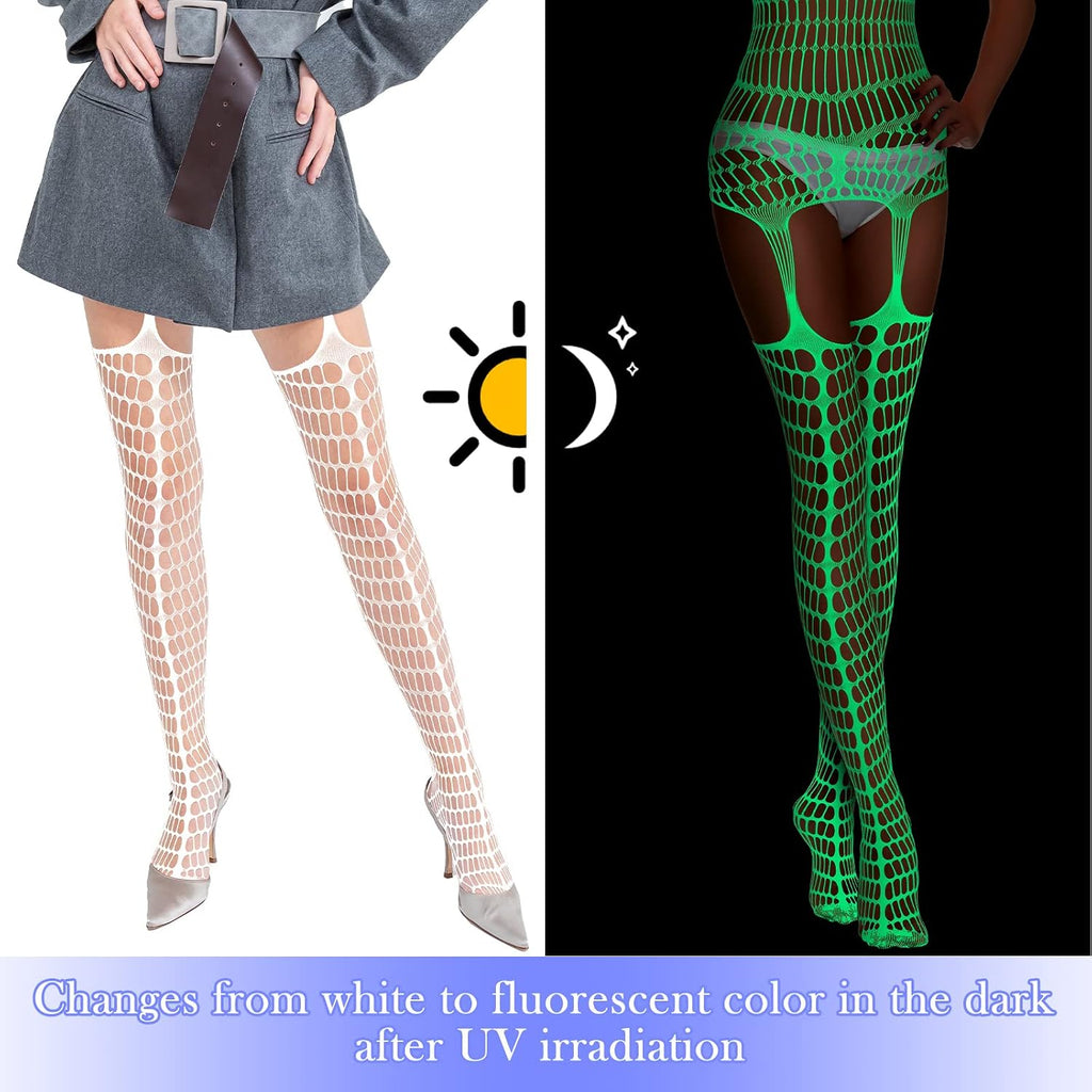 Hercicy 3 Pcs Glow in the Dark Fishnet Stockings Luminous Bodysuit Leggings Glowing Fishnet Socks for Women Glowing Party(Classic Style)