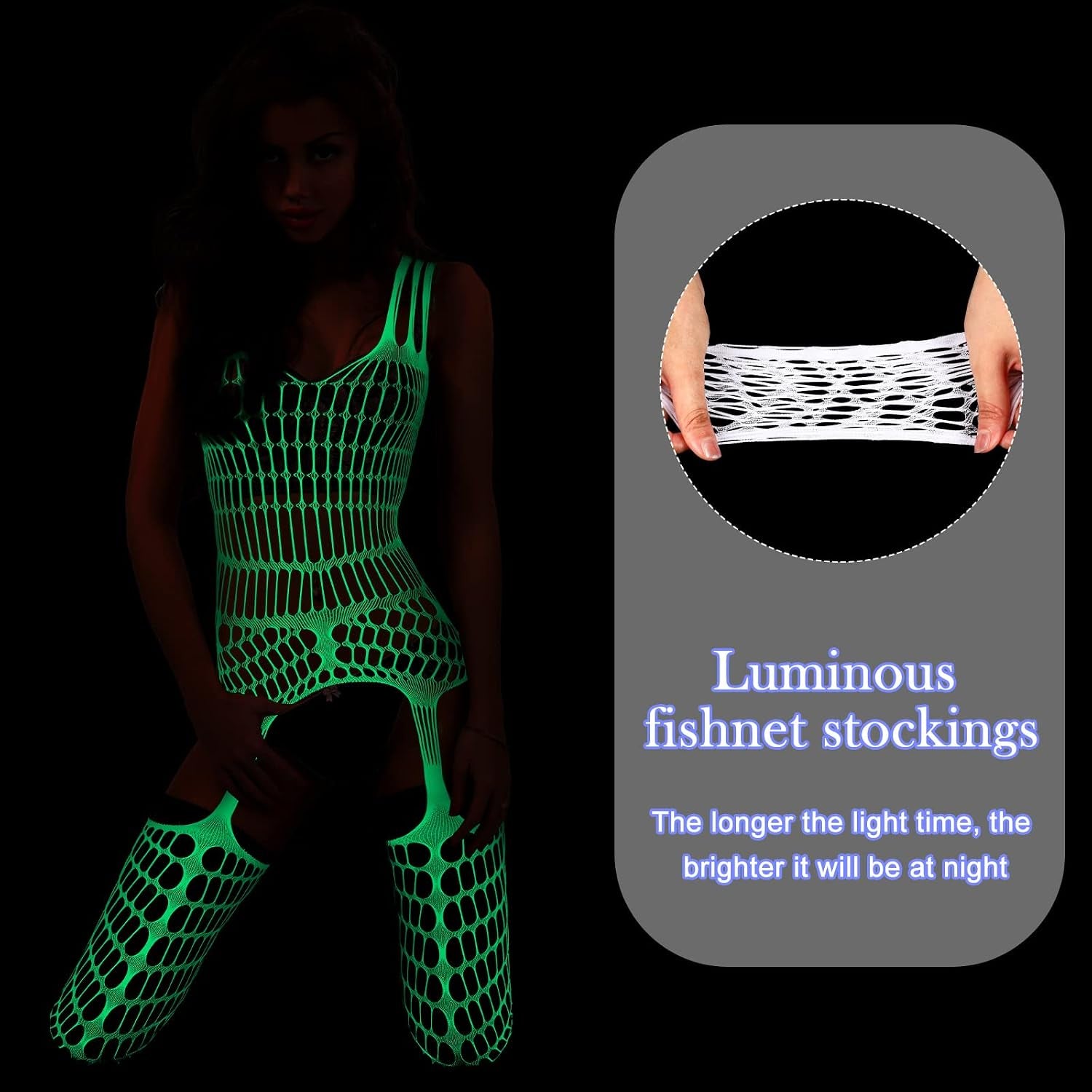 Hercicy 3 Pcs Glow in the Dark Fishnet Stockings Luminous Bodysuit Leggings Glowing Fishnet Socks for Women Glowing Party(Classic Style)