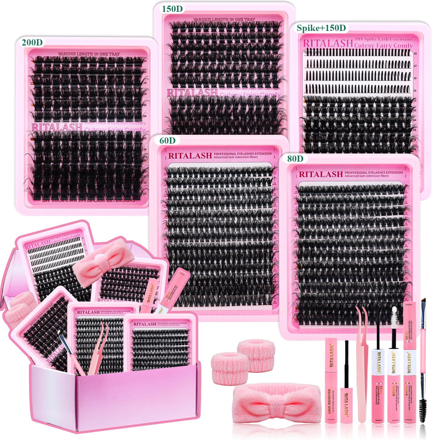 Lash Clusters Kit Eyelash Clusters Kit 3D Effect Cluster Eyelash Extensions Large Pack Spike Lash Extension Pestañas Postizas Naturales+Lash Bond&Seal,Remover,Tweezers,Headband,Wristband(Lash Kit-6)