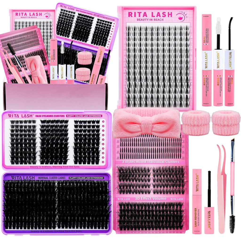 Lash Clusters Kit Bulk 3D Effect Eyelash Clusters Kit Cat Eye Lashes Cluster Eyelash Extensions Pack Colored Lashes Cluster Pestañas Postizas Naturales+Bond&Seal,Remover,Tweezers,Cleanser(Lash Kit-7)