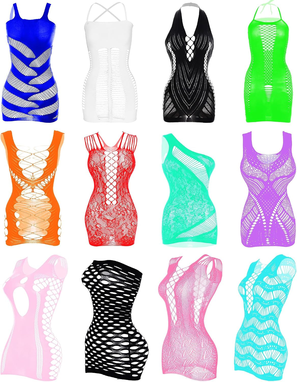 Tisancy 12 Pcs Women'S Fishnet Mesh Bodysuit Cover-Up Dress Outfits, Sheer Lace Party Outfit, Beachwear