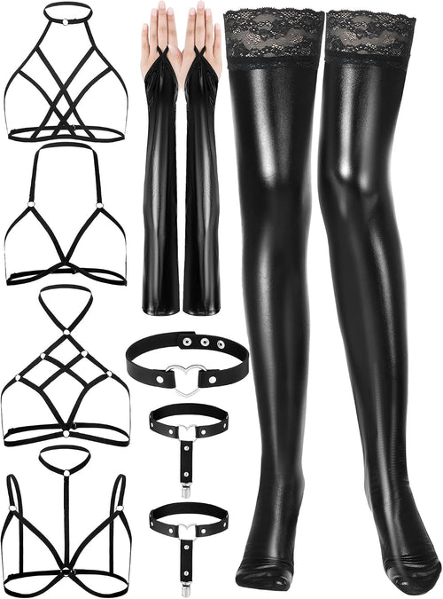 Bencailor 11 Pcs Women'S Wet Look Costume Set, Fingerless Gloves Stockings Bras Choker Garters Belt with Anti-Slip Clips for Cosplay