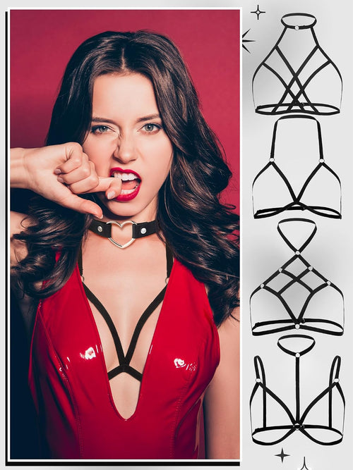 Bencailor 11 Pcs Women'S Wet Look Costume Set, Fingerless Gloves Stockings Bras Choker Garters Belt with Anti-Slip Clips for Cosplay