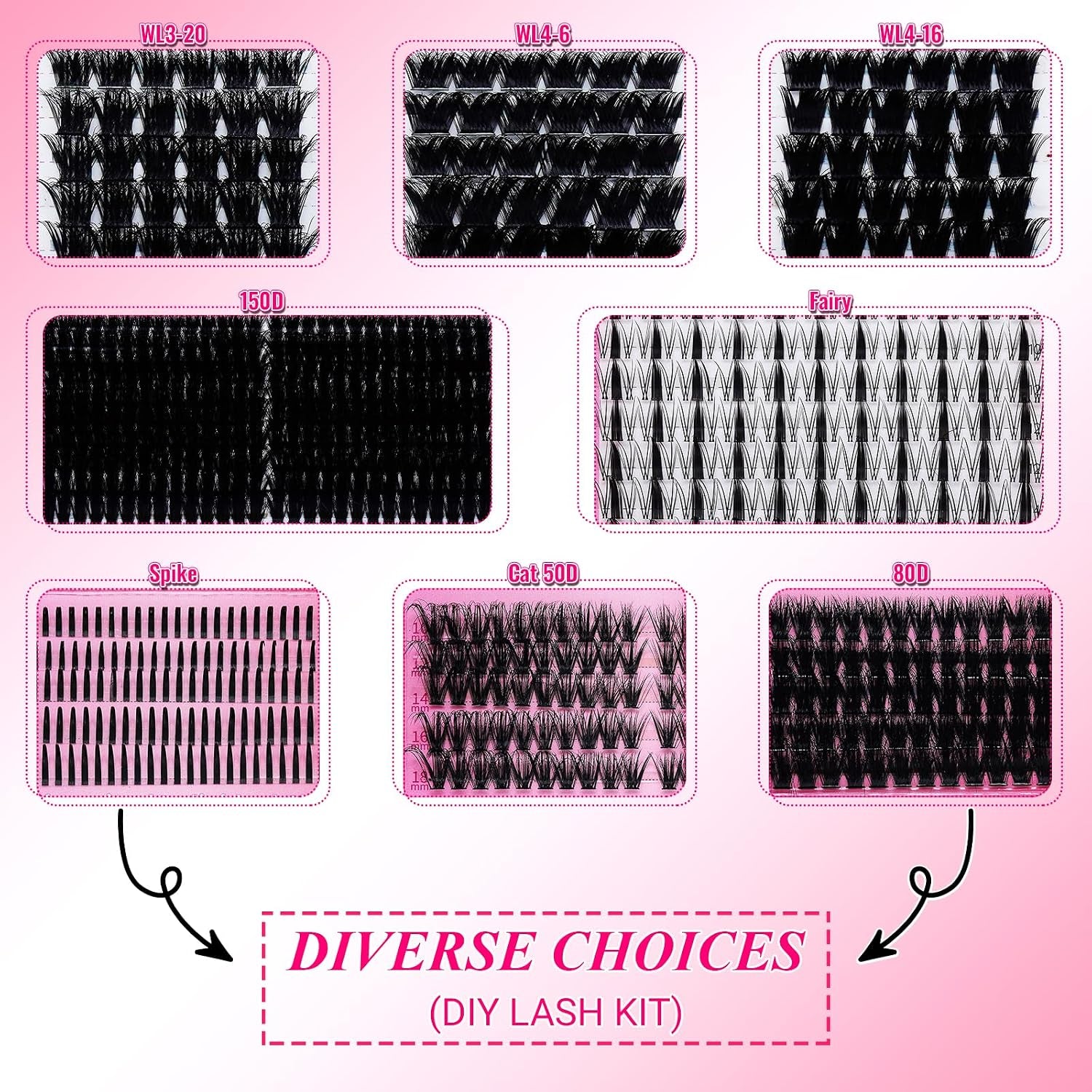 Lash Clusters Kit Eyelash Clusters Kit 3D Effect Cluster Eyelash Extensions Large Pack Spike Lash Extension Pestañas Postizas Naturales+Lash Bond&Seal,Remover,Tweezers,Headband,Wristband(Lash Kit-6)