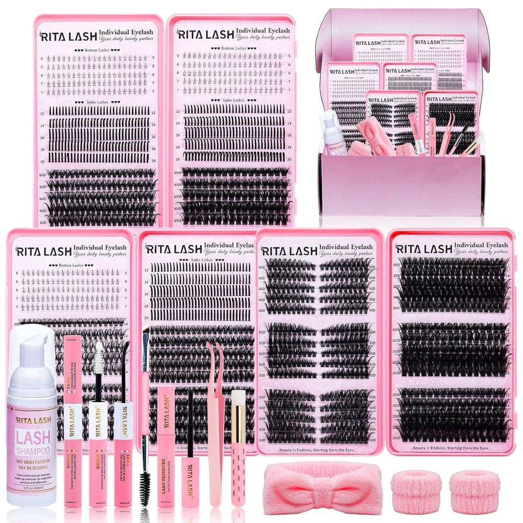 Lash Clusters Kit Bulk 3D Effect Eyelash Clusters Kit Cat Eye Lashes Cluster Eyelash Extensions Pack Colored Lashes Cluster Pestañas Postizas Naturales+Bond&Seal,Remover,Tweezers,Cleanser(Lash Kit-7)