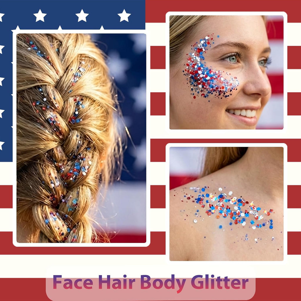 Mysense Patriotic Red White and Blue Face Hair Body Glitter Stick,4Th of July Outfits and Accessories for Women Kids,Usa Flag Makeup for Independence Day 250 Anniversary Memorial Day Veterans Day