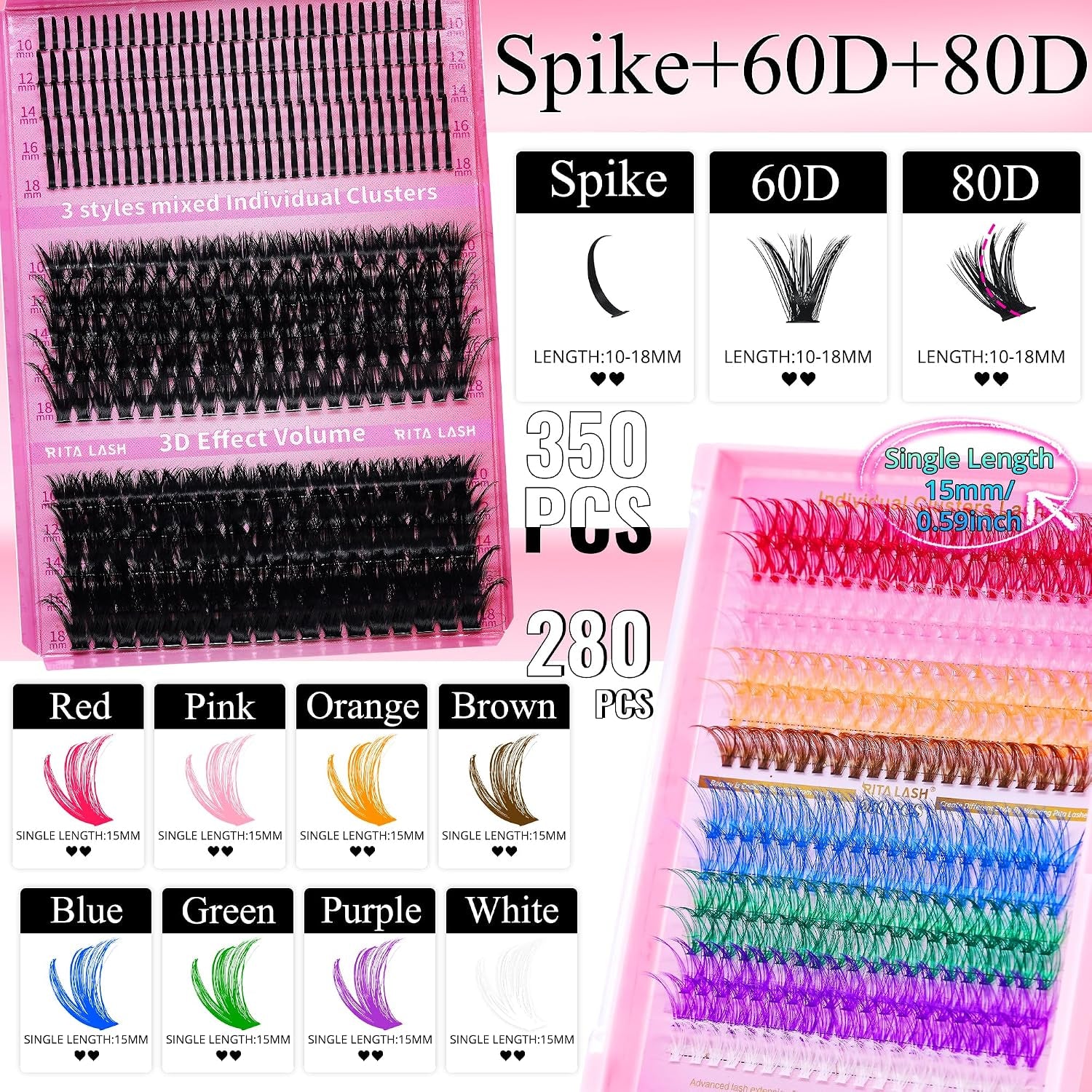 Lash Clusters Kit Bulk 3D Effect Eyelash Clusters Kit Cat Eye Lashes Cluster Eyelash Extensions Pack Colored Lashes Cluster Pestañas Postizas Naturales+Bond&Seal,Remover,Tweezers,Cleanser(Lash Kit-7)
