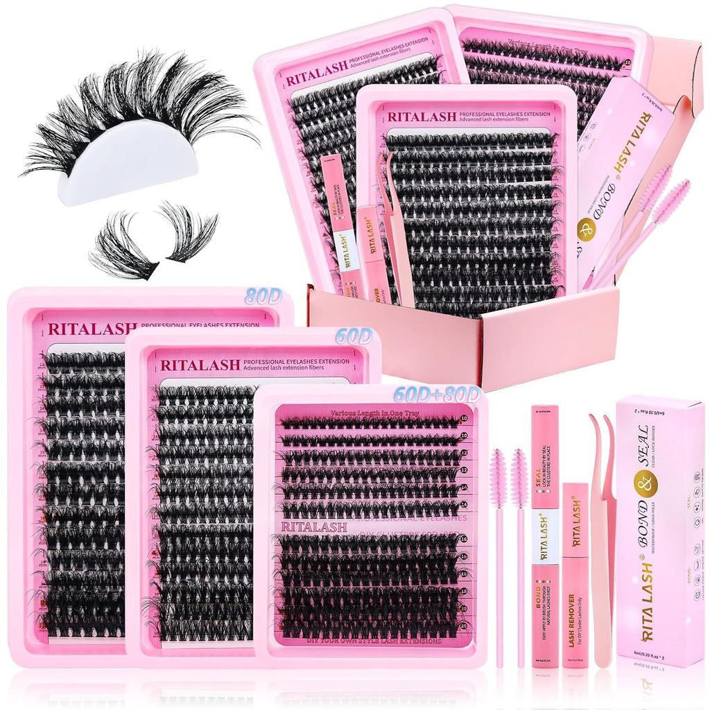 Lash Clusters Kit Bulk 3D Effect Eyelash Clusters Kit Cat Eye Lashes Cluster Eyelash Extensions Pack Colored Lashes Cluster Pestañas Postizas Naturales+Bond&Seal,Remover,Tweezers,Cleanser(Lash Kit-7)