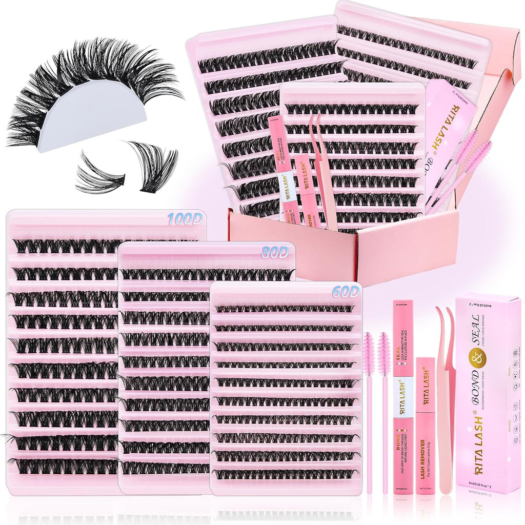 Lash Clusters Kit Eyelash Clusters Kit 3D Effect Cluster Eyelash Extensions Large Pack Spike Lash Extension Pestañas Postizas Naturales+Lash Bond&Seal,Remover,Tweezers,Headband,Wristband(Lash Kit-6)