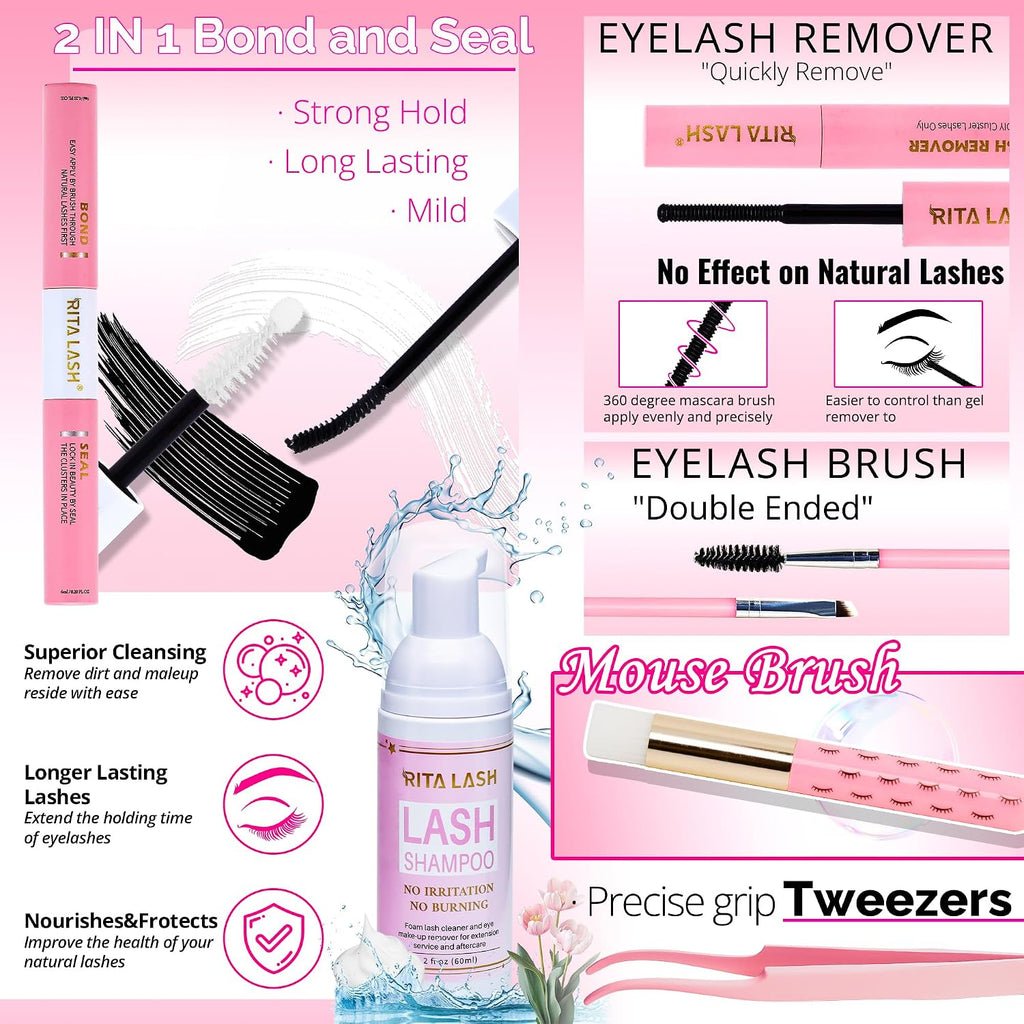 Lash Clusters Kit Bulk 3D Effect Eyelash Clusters Kit Cat Eye Lashes Cluster Eyelash Extensions Pack Colored Lashes Cluster Pestañas Postizas Naturales+Bond&Seal,Remover,Tweezers,Cleanser(Lash Kit-7)