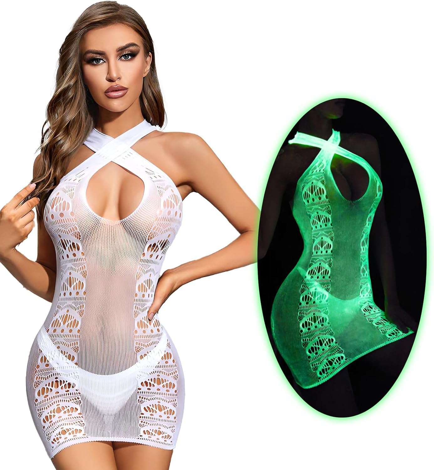 Glow in the Dark Sexy White Fishnet Stockings, Stylish Bodysuit Leggings for Womens Party