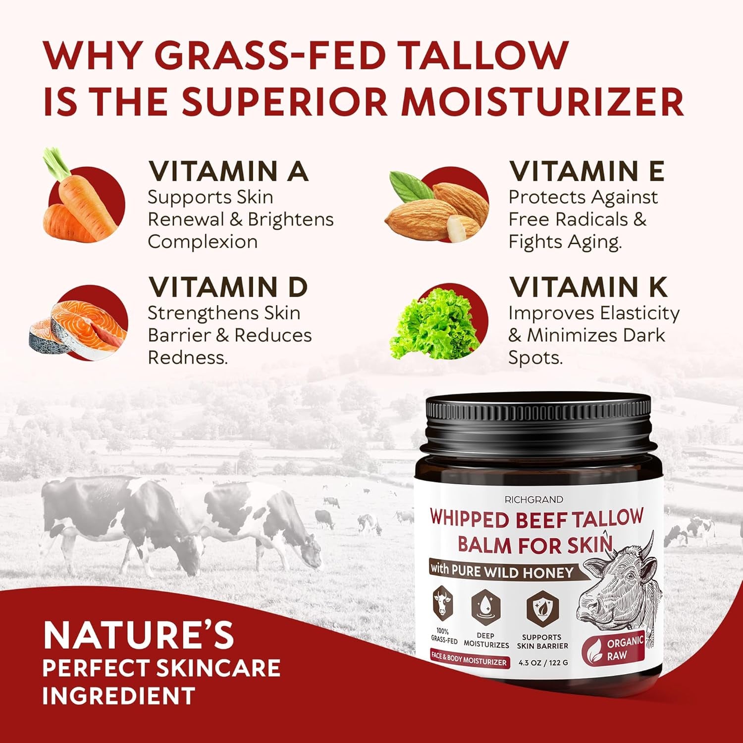 RICHGRAND Beef Tallow for Skin - Whipped Tallow and Honey Balm - Grass Fed Beef Tallow for Face, Daily Moisturizer & Body Butter - Natural Non Comedogenic Skincare (4.3 Oz)