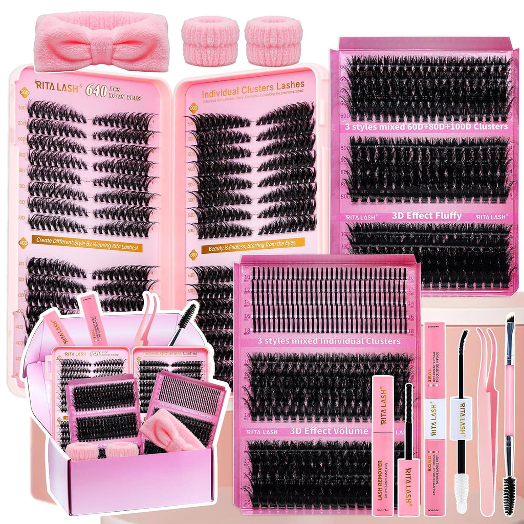 Lash Clusters Kit Eyelash Clusters Kit 3D Effect Cluster Eyelash Extensions Large Pack Spike Lash Extension Pestañas Postizas Naturales+Lash Bond&Seal,Remover,Tweezers,Headband,Wristband(Lash Kit-6)