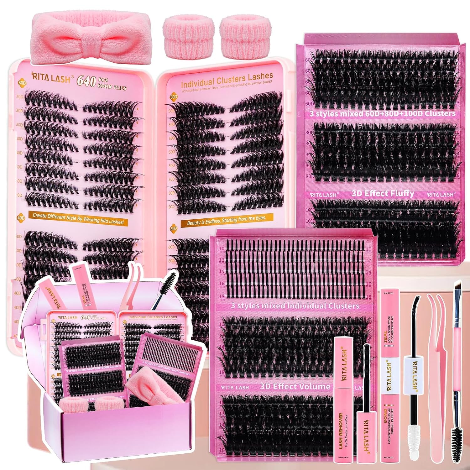 Lash Clusters Kit Eyelash Clusters Kit 3D Effect Cluster Eyelash Extensions Large Pack Spike Lash Extension Pestañas Postizas Naturales+Lash Bond&Seal,Remover,Tweezers,Headband,Wristband(Lash Kit-6)