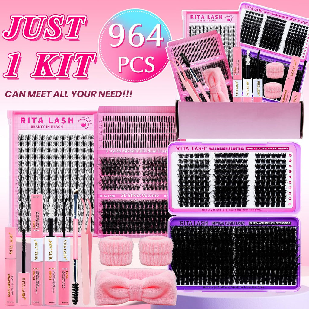 Lash Clusters Kit Eyelash Clusters Kit 3D Effect Cluster Eyelash Extensions Large Pack Spike Lash Extension Pestañas Postizas Naturales+Lash Bond&Seal,Remover,Tweezers,Headband,Wristband(Lash Kit-6)