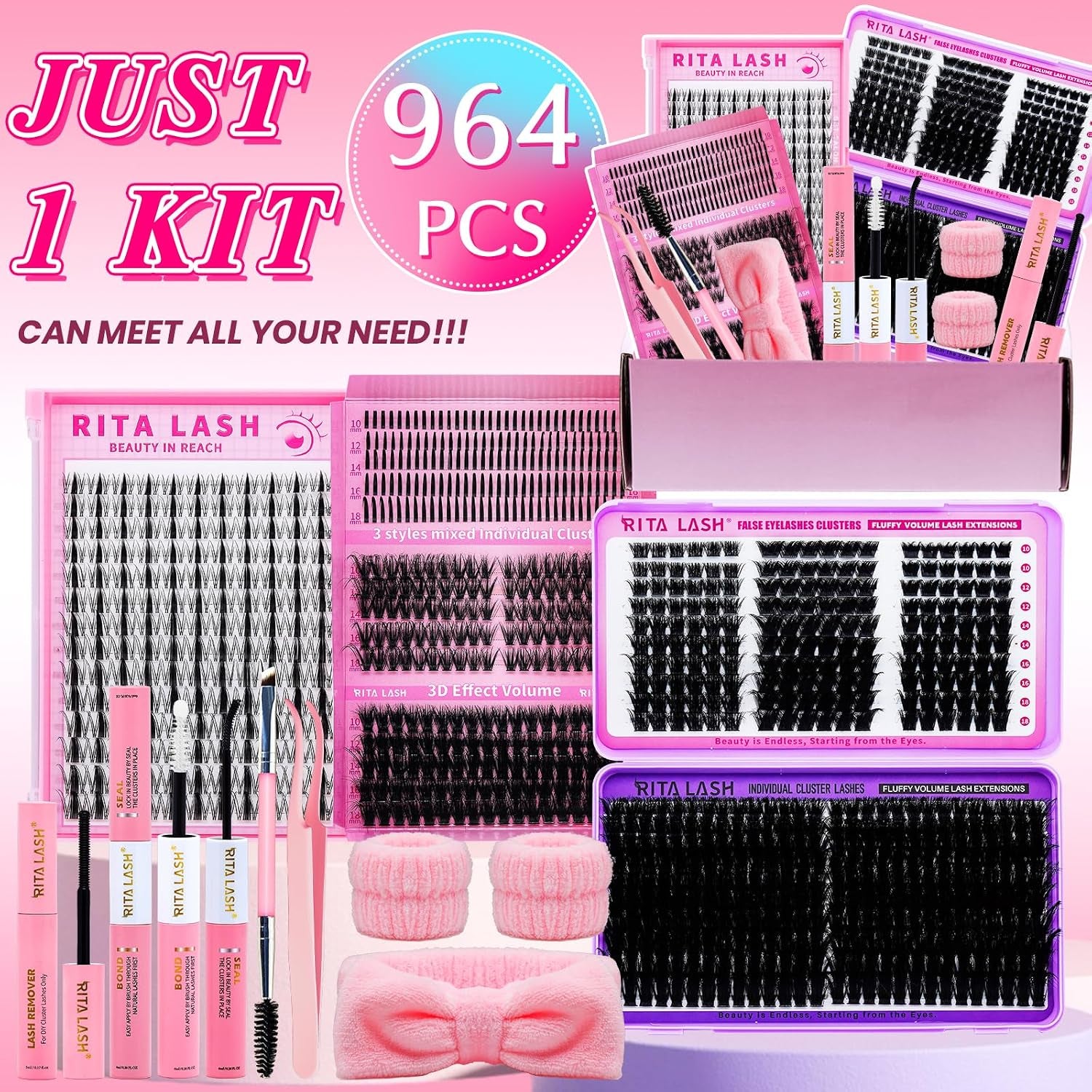 Lash Clusters Kit Eyelash Clusters Kit 3D Effect Cluster Eyelash Extensions Large Pack Spike Lash Extension Pestañas Postizas Naturales+Lash Bond&Seal,Remover,Tweezers,Headband,Wristband(Lash Kit-6)