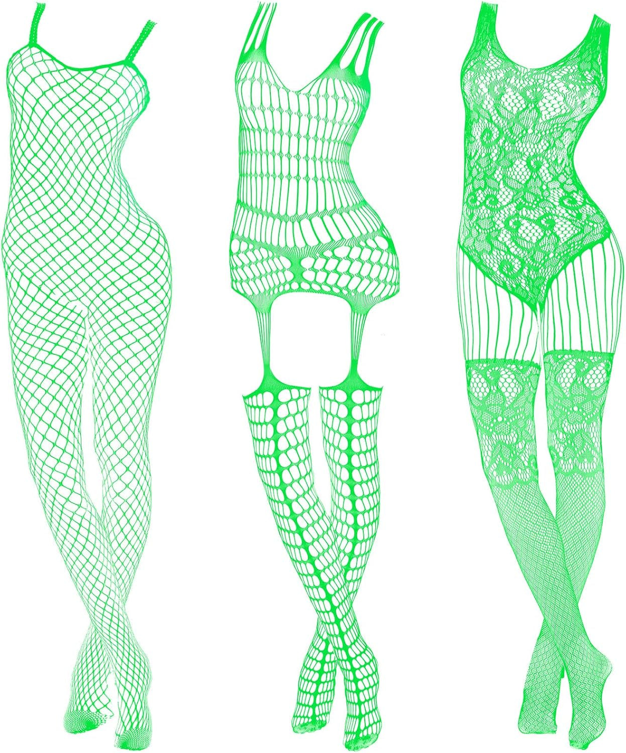 Hercicy 3 Pcs Glow in the Dark Fishnet Stockings Luminous Bodysuit Leggings Glowing Fishnet Socks for Women Glowing Party(Classic Style)