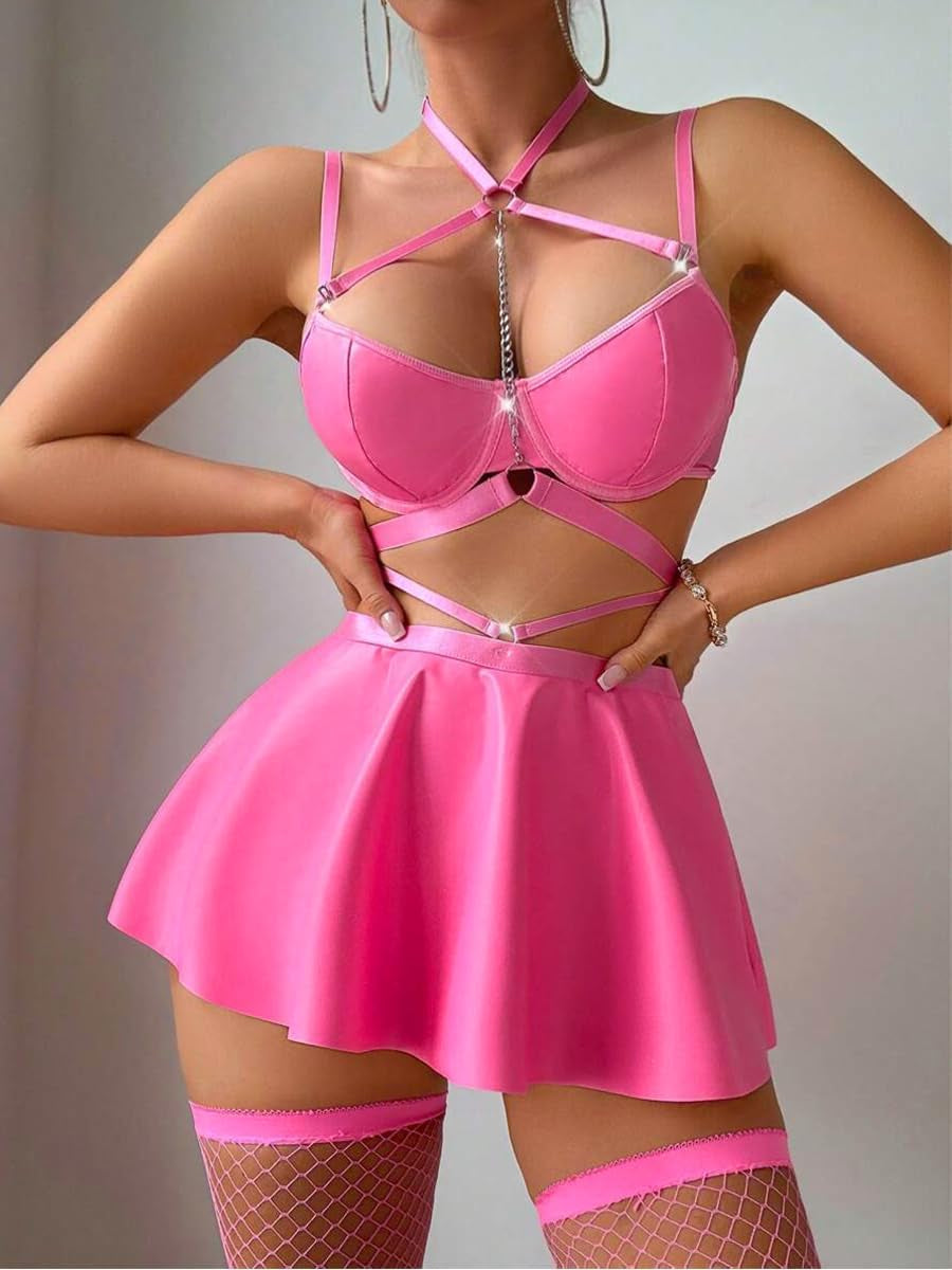 Women Sexy Leather Lingerie Set Choker Chain Mini Lingerie Dress Strappy Bra Skirt Outfits