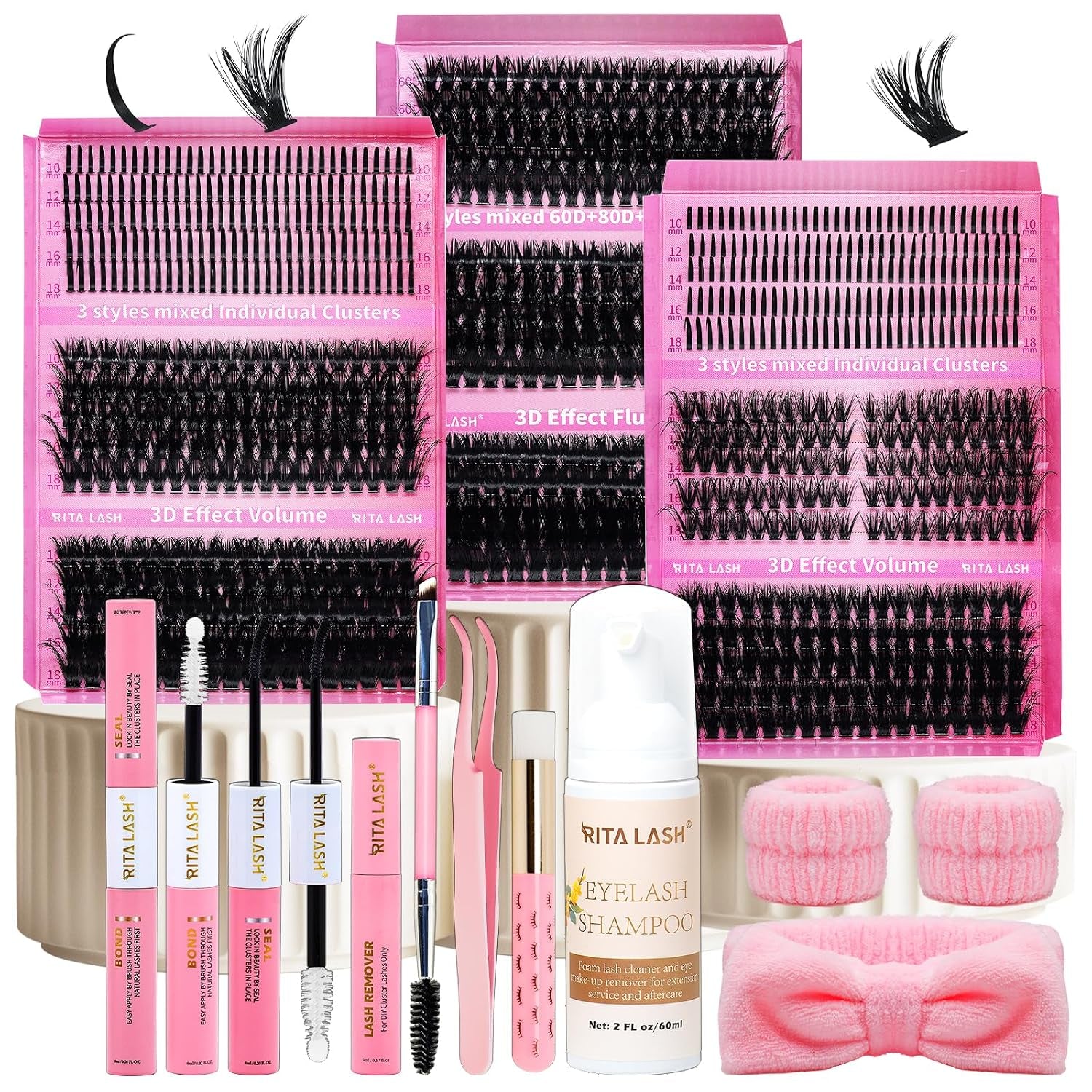 Lash Clusters Kit Eyelash Clusters Kit 3D Effect Cluster Eyelash Extensions Large Pack Spike Lash Extension Pestañas Postizas Naturales+Lash Bond&Seal,Remover,Tweezers,Headband,Wristband(Lash Kit-6)