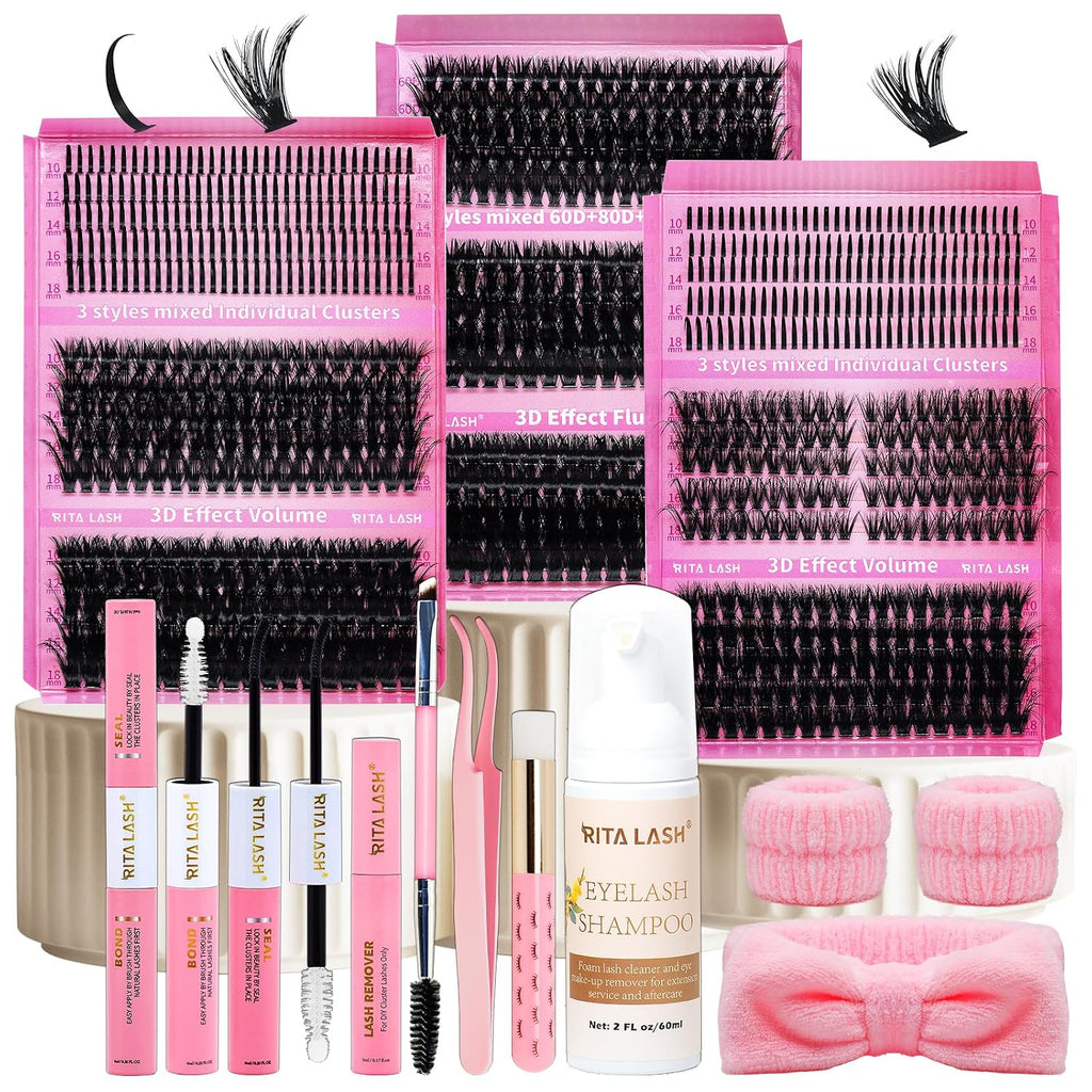 Lash Clusters Kit Bulk 3D Effect Eyelash Clusters Kit Cat Eye Lashes Cluster Eyelash Extensions Pack Colored Lashes Cluster Pestañas Postizas Naturales+Bond&Seal,Remover,Tweezers,Cleanser(Lash Kit-7)