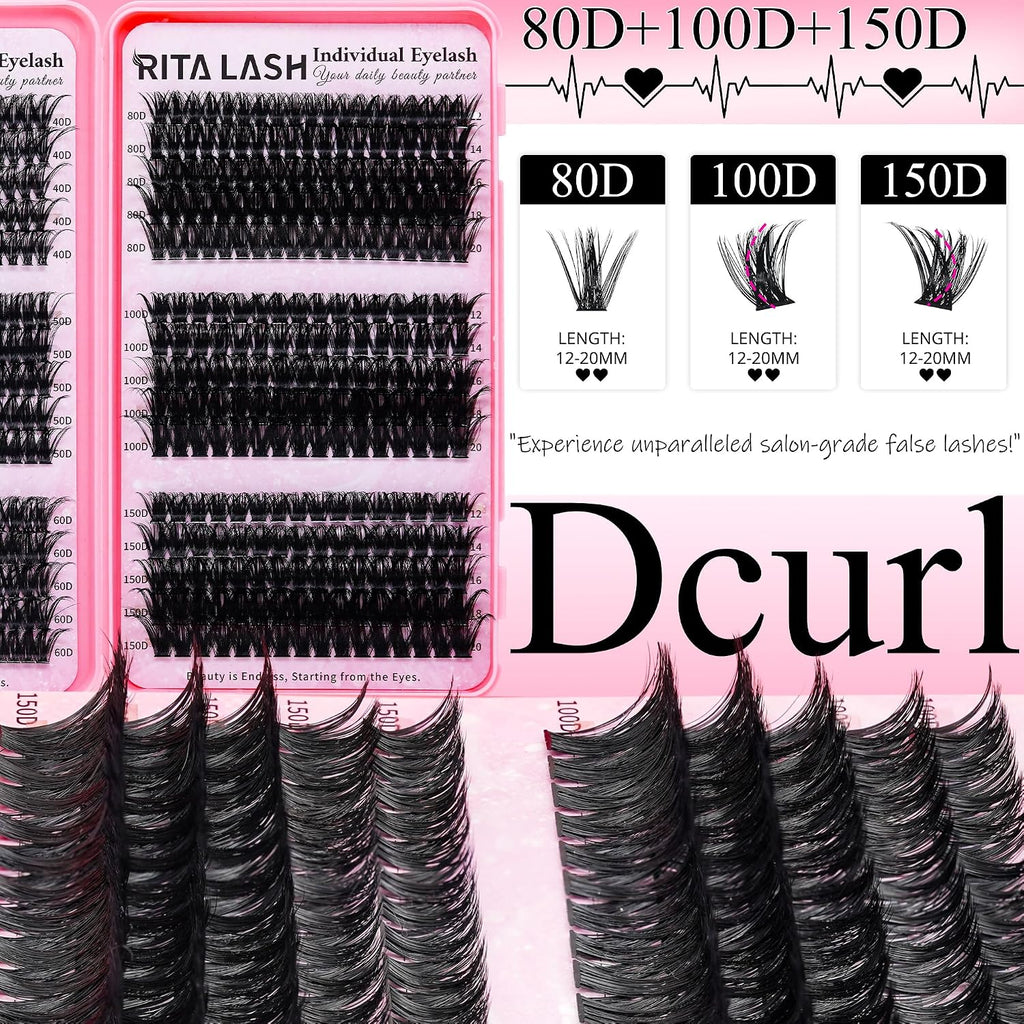 Lash Clusters Kit Bulk 3D Effect Eyelash Clusters Kit Cat Eye Lashes Cluster Eyelash Extensions Pack Colored Lashes Cluster Pestañas Postizas Naturales+Bond&Seal,Remover,Tweezers,Cleanser(Lash Kit-7)
