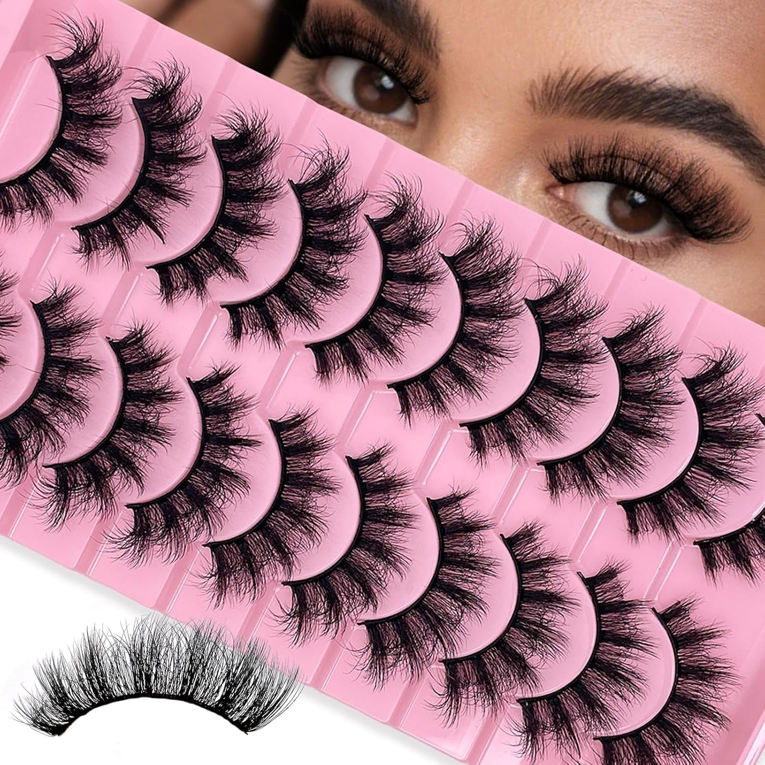 Fluffy Lashes Cat Eye Mink Eyelashes Wispy Dramatic Thick 3D Fox Eyelash 18Mm Full Strips Cateye Lashes Fluffy 10 Pairs CD Curl Fake Mink Eyelashes Pack YH016