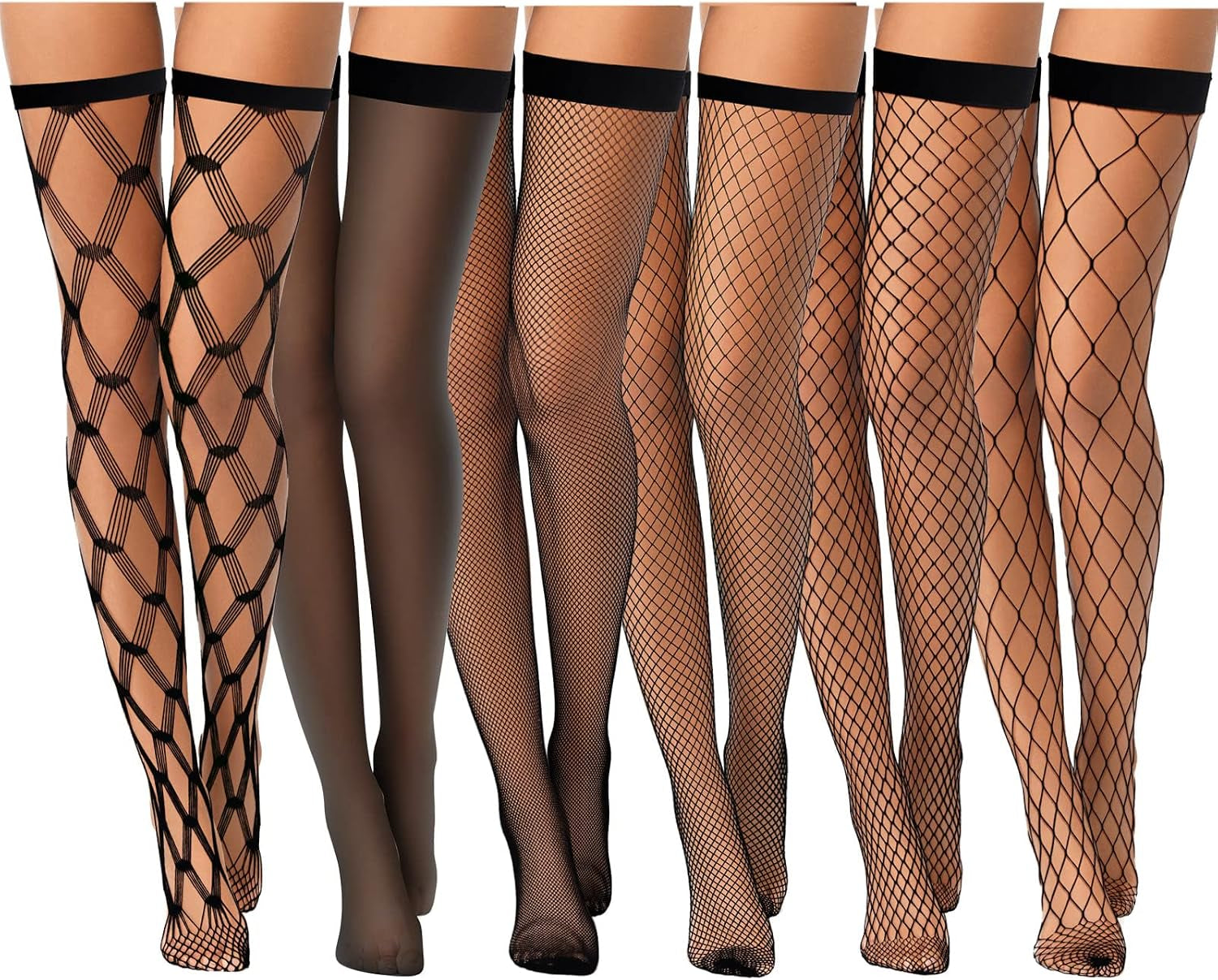 Janmercy 6 Pairs Women Fishnet Thigh High Stocking Elastic Band Top Sheer over Knee Silky Stockings for Women