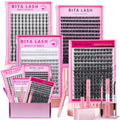 Lash Clusters Kit Bulk 3D Effect Eyelash Clusters Kit Cat Eye Lashes Cluster Eyelash Extensions Pack Colored Lashes Cluster Pestañas Postizas Naturales+Bond&Seal,Remover,Tweezers,Cleanser(Lash Kit-7)