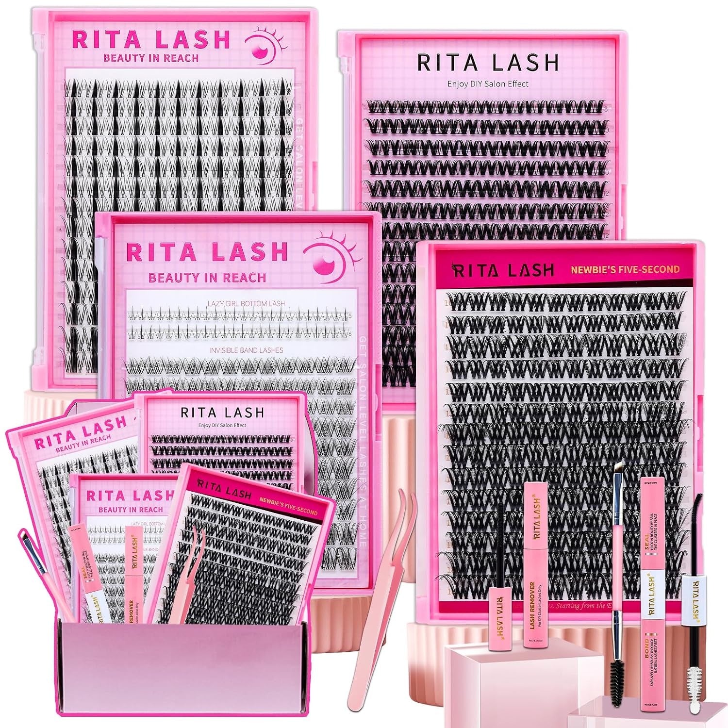 Lash Clusters Kit Bulk 3D Effect Eyelash Clusters Kit Cat Eye Lashes Cluster Eyelash Extensions Pack Colored Lashes Cluster Pestañas Postizas Naturales+Bond&Seal,Remover,Tweezers,Cleanser(Lash Kit-7)