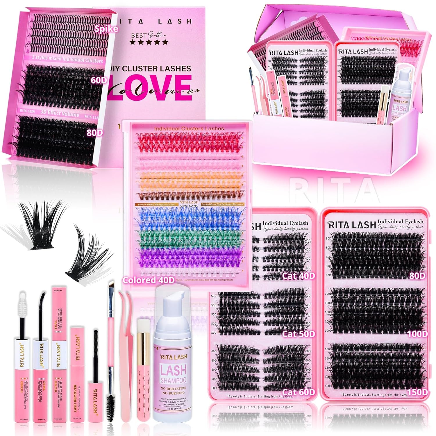 Lash Clusters Kit Eyelash Clusters Kit 3D Effect Cluster Eyelash Extensions Large Pack Spike Lash Extension Pestañas Postizas Naturales+Lash Bond&Seal,Remover,Tweezers,Headband,Wristband(Lash Kit-6)